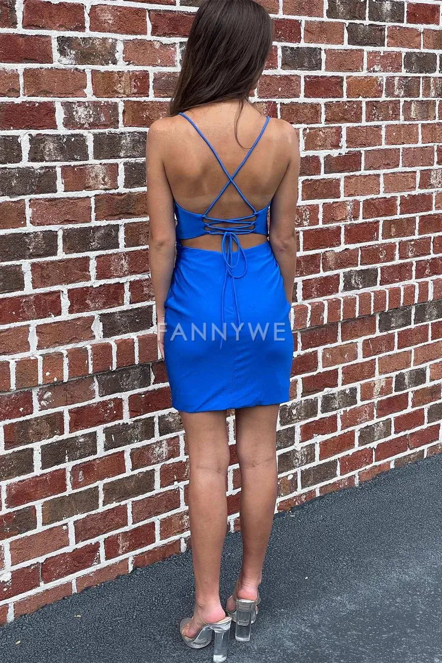 FannyWe Elegant Blue Surplice Lace-Up Fitted Homecoming Dress formal wear dresses